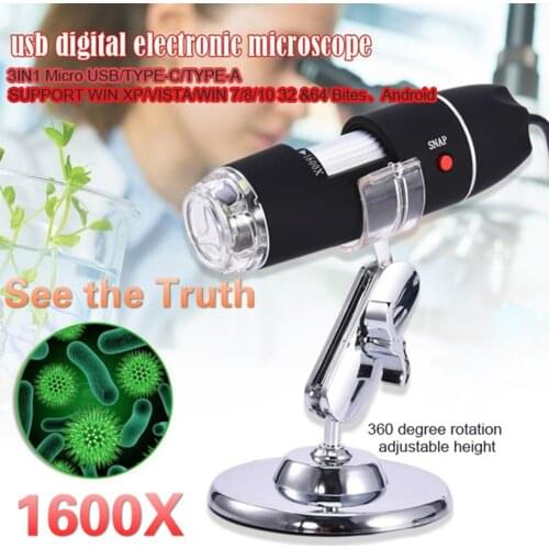 3in1 Adjustable 1600X 1080P 8 LED Digital Microscope Type-C/A/Micro USB Magnifier Electronic Stereo USB Endoscope For Phone PC