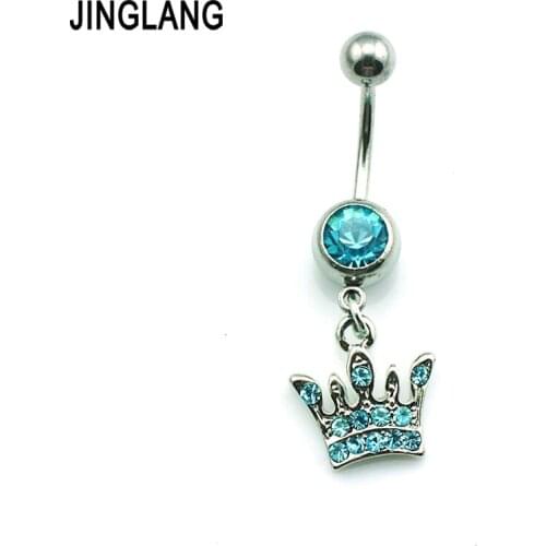 JINGLANG New Belly Button Rings 316L Stainless Steel Barbell Dangle Lake Blue Rhinestone Crown Navel Piercing Jewelry