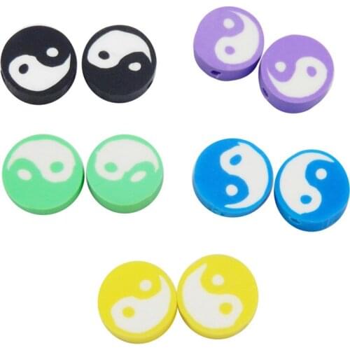 Julie Wang 50PCS 10mm Round Beads Polymer Clay Taoism Tai Chi Diagram Spacer Beads Bracelet Jewelry Making Accessory