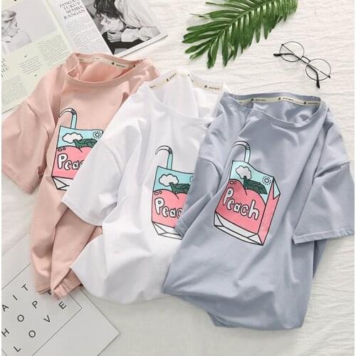 Kawaii Cute Women Summer Clothes PEACH MILK Print T Shirt Sweet Girls Tshirt Comfortable Cotton Tops Redmond Shirt Femme