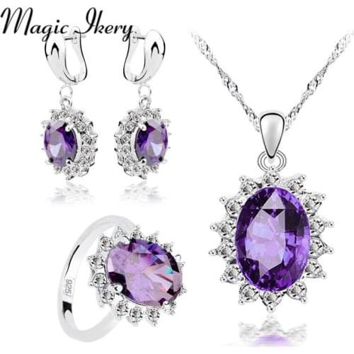 Magic Ikery Luxury Silver Color Jewelry Sets Purple Cubic Zirconia Earrings Pendant Necklace Rings Sets
