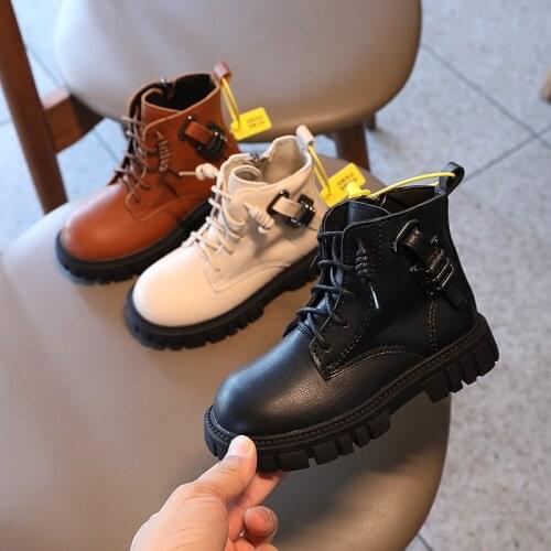 Girls leather boots 2021 autumn new princess Martin boots boys and girls students casual mid-tube buckle boots