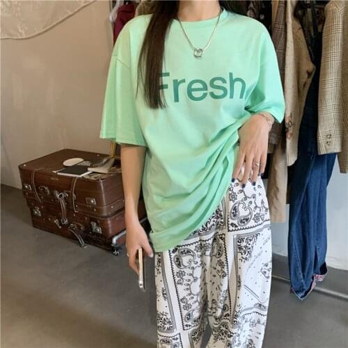 Summer mid-length round neck short-sleeved T-shirt letter printing loose all-match shirt T-shirt college style