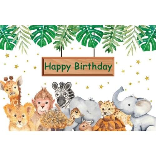 Cute Animals and Green Leaves Birthday Backdrop White Photography Background Celebration Photo Booth Studio Decor