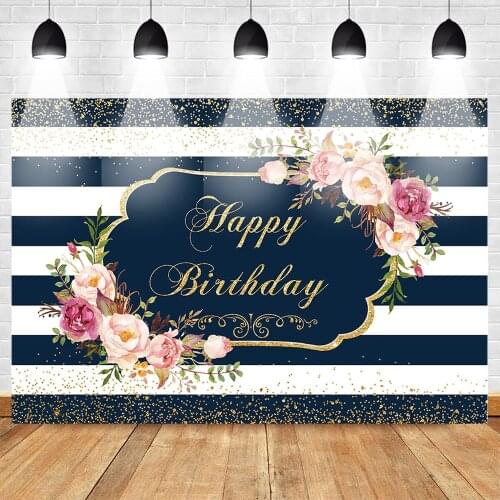 MOCSICKA Birthday Photo Background for Photography Flower Backdrop Party Theme Banner Blue and White Stripes Photo Studio