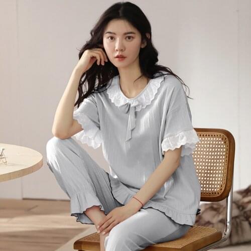 100% Cotton Pajamas For Women Short Sleeve Trousers Home Clothes New Spring Autumn Sleepwear Set Sweet Lace Nightwear Pijama