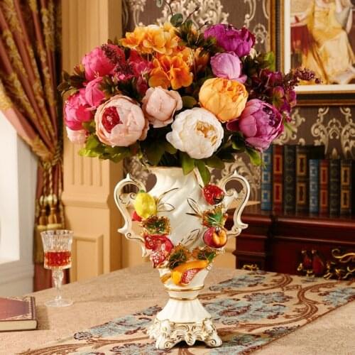 European Luxury Ceramic Vase Ornament Decoration Home Retro Desktop Flower Arranger Fake Dry Flowerpot Wedding Gift Figurines