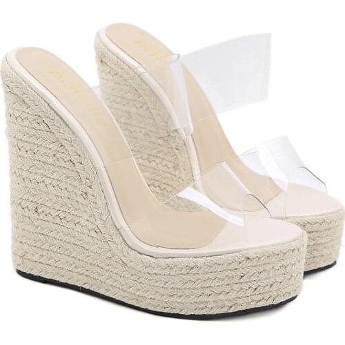 Summer Pvc Transparent Peep Toe Cane Straw Weave Platform Wedges Slippers Sandals Women Fashion High Heels Female Shoes