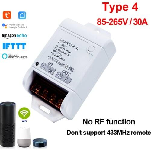 Tuya Smart Remote Control Wifi wireless Switch Module 1CH AC85-265 220V Inching Self-locking RF Receive 30A 6600W Relays