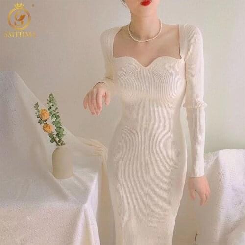 SMTHMA New Autumn Solid Ladies Sweater Vestidos Casual Full Sleeve Elegant Female Knitted Dresses