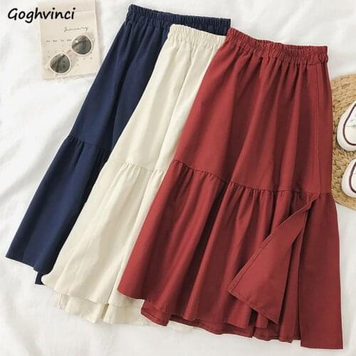 Women Skirt Solid Leisure Pleated Irregular Harajuku Lovely Sweet Midi Skirt Elastic Band High Waist A-line Soft Korean Style