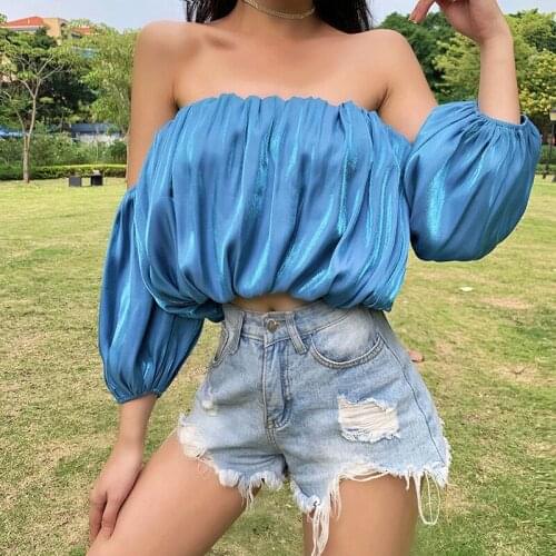 Women Blue Ruffles Puff Sleeve Blouse Sexy Wrapped Chest Tops Summer Casual Party Wear Shirt Chemisier Femme Ladies Tops Blouse