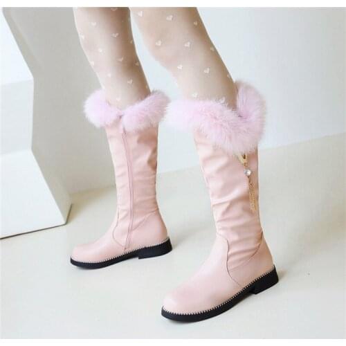 YQBTDL Crystal Pendant Chain Lolita Style Knee High Boots for Womens Fur Autumn 2021 Low Heel Long Botas Side Zipper Girl Shoes