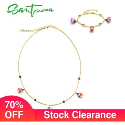 SANTUZZA Silver Jewelry Set for Women Pure 925 Sterling Silver Elegant Pink Flower Necklace Bracelet Set Set Fine Jewelry Enamel