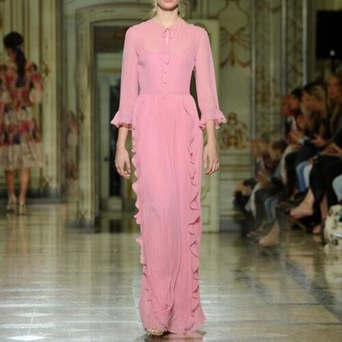 Elegant Draped Pink Ruffles Pleated Long Dresses for Women 2021 Spring Autumn Runway Chiffon Maxi Dress Female Vestido De Mujer