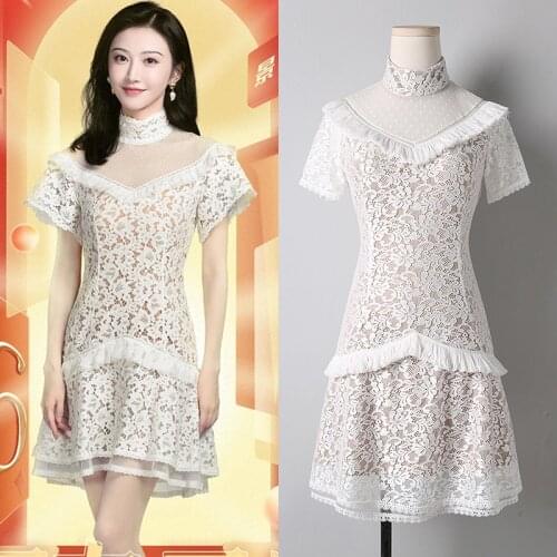 White Lace Summer Womens Dress Elegant Lotus Leaf Collar See Through Knee Length Short Sleeve Female Dress Evening Dress 2021