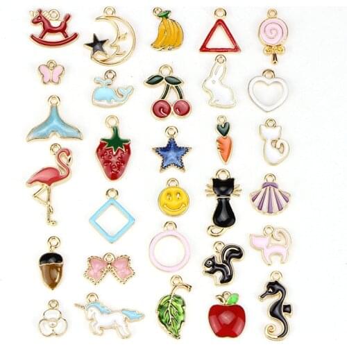 30PCS/set Animals Fruit Cat Leaf Mixed Enamel Beads Pendants Charms Craft DIY Jewelry Findings