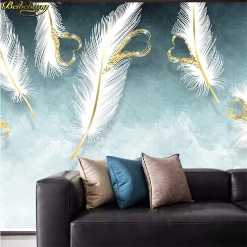 Beibehang 3d custom wallpaper Nordic small fresh light luxury HD hand-painted white heart-shaped feather background wall paintin
