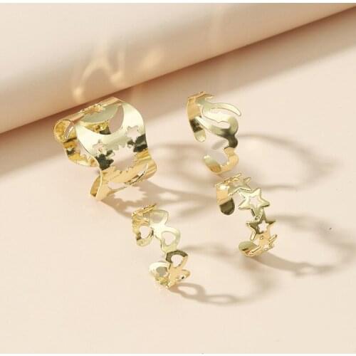 4PCS Gold Metal Open Ring Retro Sun Moon Minimalist Trendy Hollow Heart Star Geometric Midi Finger Ring Party Jewelry Gift