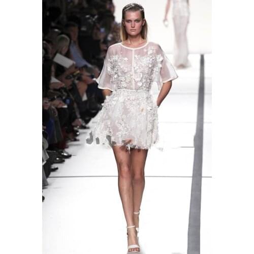 White Organza See Though 3D Appliques Short Mini A-Line Elie Saab Prom Graduation Wear Cocktail Dresses Formal Party Gowns