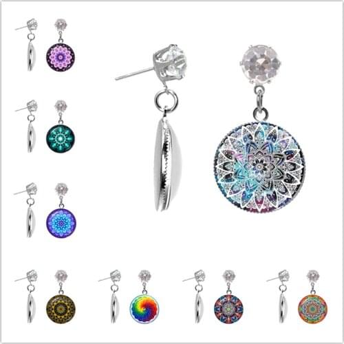 Flower Of Life Tibetan Om Mandala Stud Earrings Gray Om Jewelry Vintage Buddhism Meditation Jewelry Glass Dome Crystal Earrings