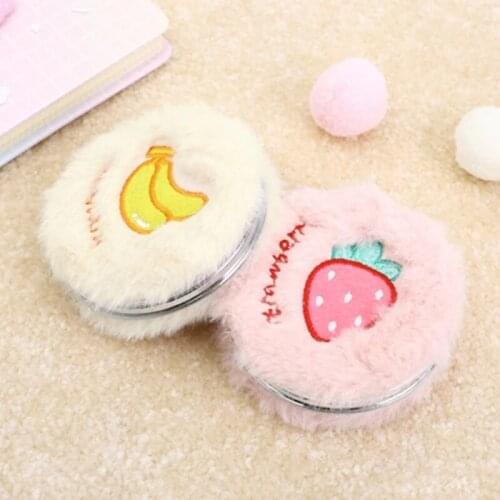 Pocket Mirror Cartoon Fruit Animal Women Girls Plush Mini Round Folding Embroidery Random Color Portable Double Sided Magnifying