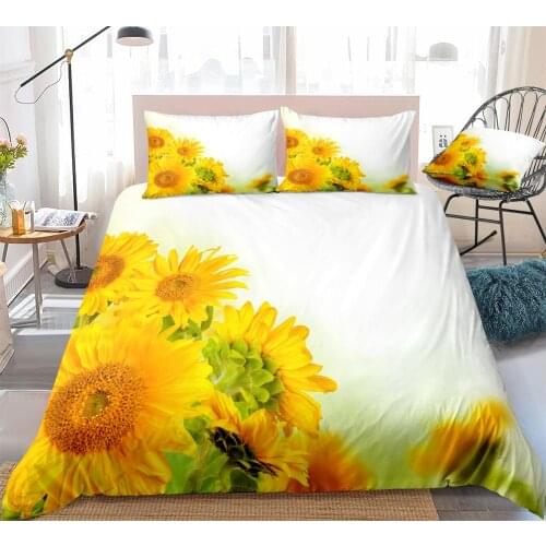 3D Sunflowers Duvet Cover Set Yellow Flowers Bed Set White Bedding Kids Boys Girls Microfiber Quilt Cover Queen 3pcs Dropship