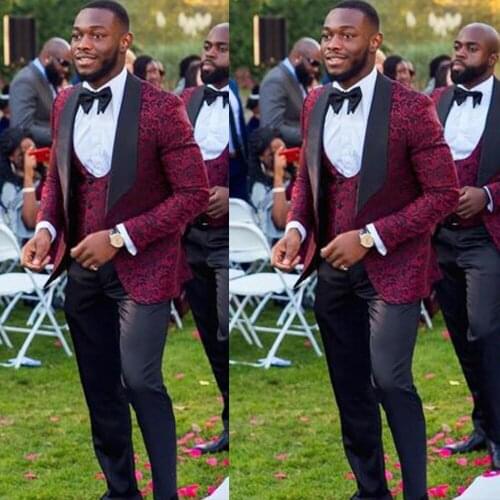 African Men Suits For Wedding Groom Slim Fit Costume Homme Mariage Customized Floral Burgundy Jacket 3 Pieces Blazer+Vest+Pants