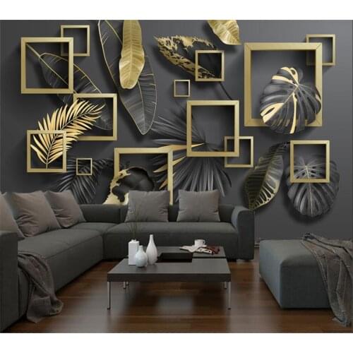 Wellyu Customized wallpaper 3d Nordic modern golden leaf tropical plant mural living room geometric light luxury background wall