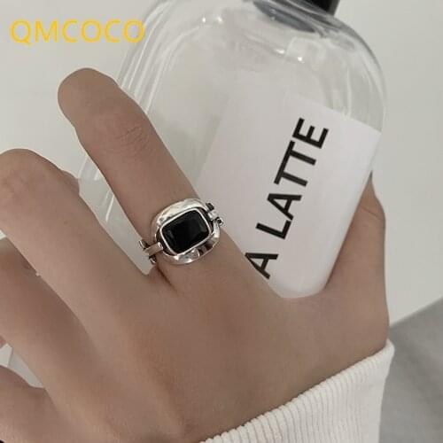 QMCOCO 925 Silver Hip-Hop Punk Rings For Women And Man Trendy Creative Hollow Out Geometric Party Jewelry Gifts