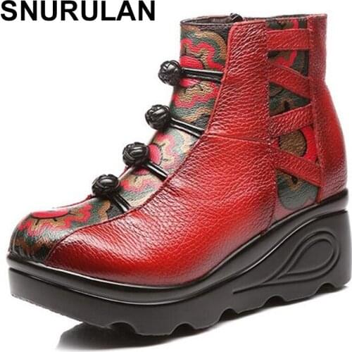 SNURULAN Original Handmade Printing Genuine Leather Boots 2018 New Winter Women Fashion Shoes Platform Wedges Ankle Boots