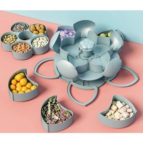 Petal-Shape Rotating Candy Box Snack Nut Box Flower Candy Fruit Plate Food Storage Case Two-deck Dried Fruit Storage Organizer