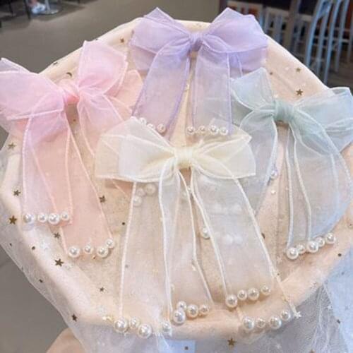 1PC New Girls Chiffon Bows Ribbon Hair Clips Pearls Hairpins Children Sweet Headband Fashion Hair Accessories Kid Barrettes