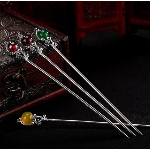 990 Sterling Silver Hair Stick Beads Hair Accessories For Women Garnet Chalcedony Corundum Luxury Jewelry