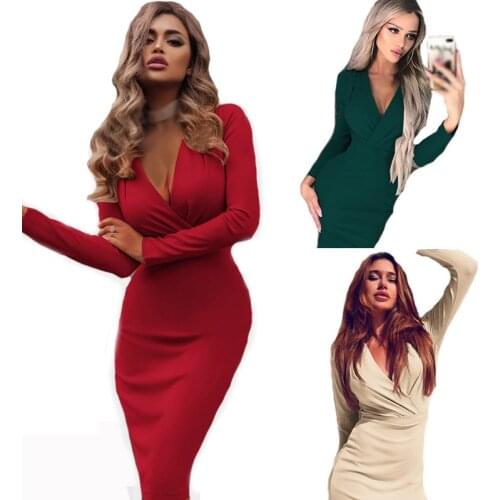 Women Dress Autumn Winter Casual Solid Color Long Sleeve Elegant Office Lady Dress Sexy Deep V Neck Bodycon Pencil Party Dresses