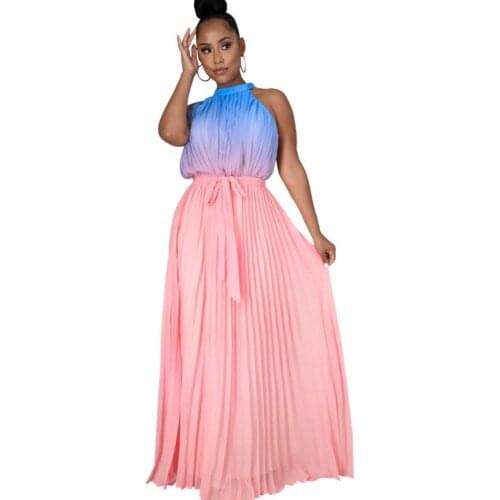 Maxi Pleated Dresses For Women O Neck Sleeveless High Waist Gown Summer New Gradient Elegant Chic Robe Party Dress Vestidos 2021