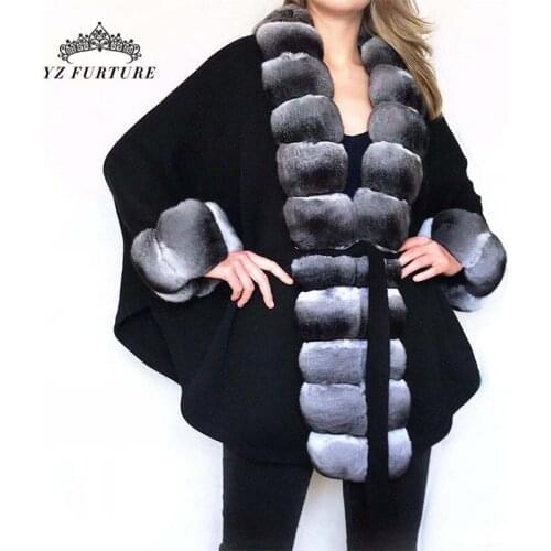 Women Natural Rex Rabbit Fur Woolen Coat High Quality 100% Genuine Cashmere Overcoat Chinchilla Color Winter Jacket 70cm