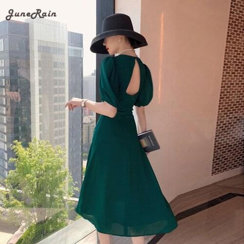 JuneRain 2021 Women Summer Vintage Green Backless Midi Dress Puff Sleeve Split Boho Dress Casual Holiday Office Lady Beach Dress