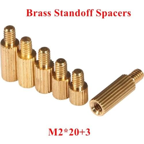 100pcs M2*20+3mm Brass standoff spacers Round brass pillar Thread M2 Male-female Spacing Screws