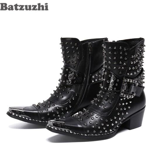 Batzuzhi Men Black Genuine Leather 6.5cm High Heels Boots Men Boots Rivets Botas Hombre Pointed Metal Tip, Big Size EUR38-46