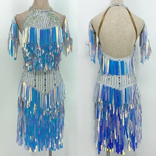 Sparkling Latin Dance Performance Dress Rhinestone Mirror Fringe Dress Prom Salsa Dancing Costume Samba ChaCha Stage Wear BL5397