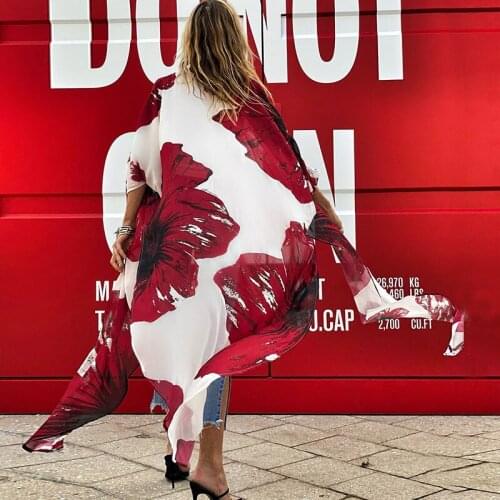 Boho Red Floral Chiffon Bikini Cover-ups Plus Size Beach Wear Kimono Dress Women 2021 New Summer Swimsuit Cover Up A882