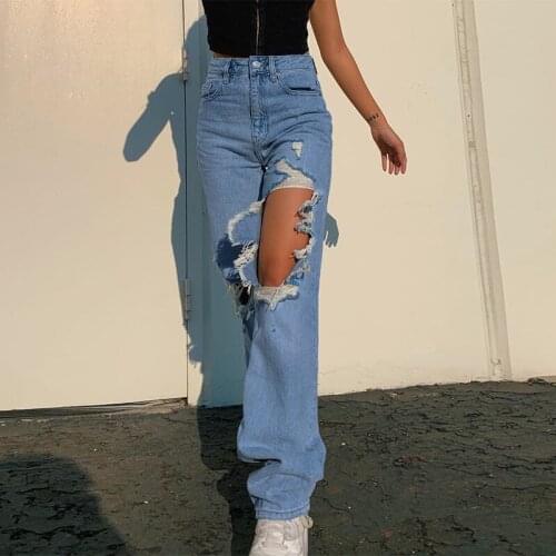 2021 Trendy Women Ripped Hole Denim Pants Female Jeans High Waist Casual Loose Straight Pants Trousers Spring Summer Streetwear
