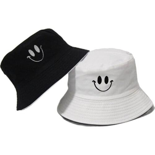 Design Personality Font Embroidery Cotton Smile Face Fisherman Cap Summer Outdoor Unisex Sun Protection Panama Bucket Hat F94
