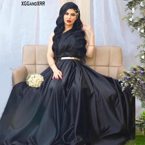 Elegant One Shoulder Black Satin Prom Dress 2021 A Line Long Evening Gown Saudi Arbia Lady Formal Wear Party Gown Pleats