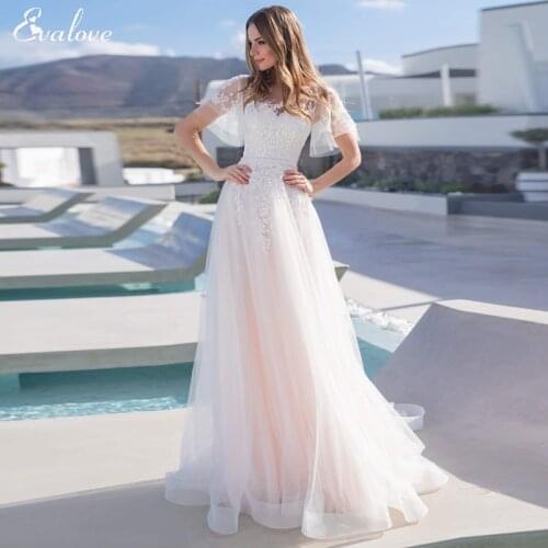 EVALOVE Elegant Scoop Neck Short Sleeve Customized Bride A-Line Wedding Dress Luxury Sashes Beaded Appliques Vintage Bridal Gown