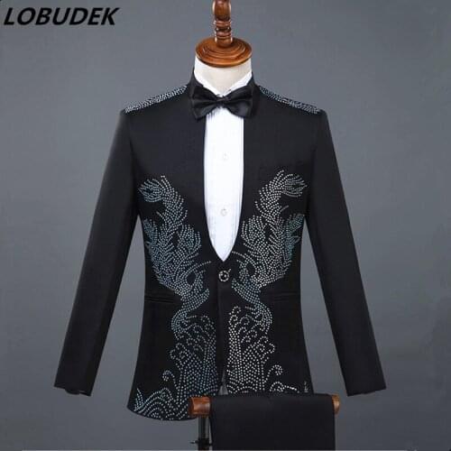 White Black Mens Suits Singer Chorus Performance Suit Host Stage Prom Wedding Party Dresses Sparkly Crystals Blazers Costume