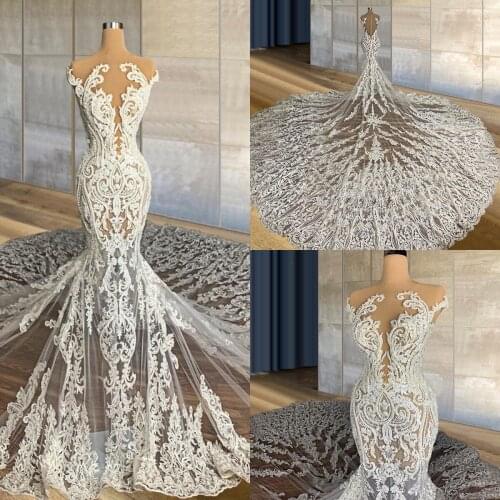 2022 Lace Mermaid Wedding Dresses Bridal Gowns Beaded Sheer Neck Appliqued Country Vestidos De Novia
