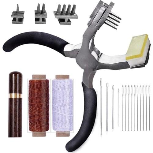 LMDZ Diy tools,Stitching Hole Punch , Silent Leather Hand Pliers With Leather Needle,Wooden Needle Case,Waxed Thread