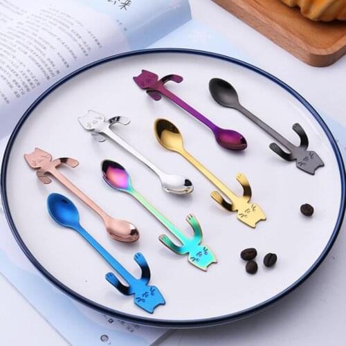 Cute Mini Coffee Spoon Tea Spoon 304 Stainless Steel Kitty Cat Gold Teaspoon Tableware Dessert Long Spoon Handle Dinnerware